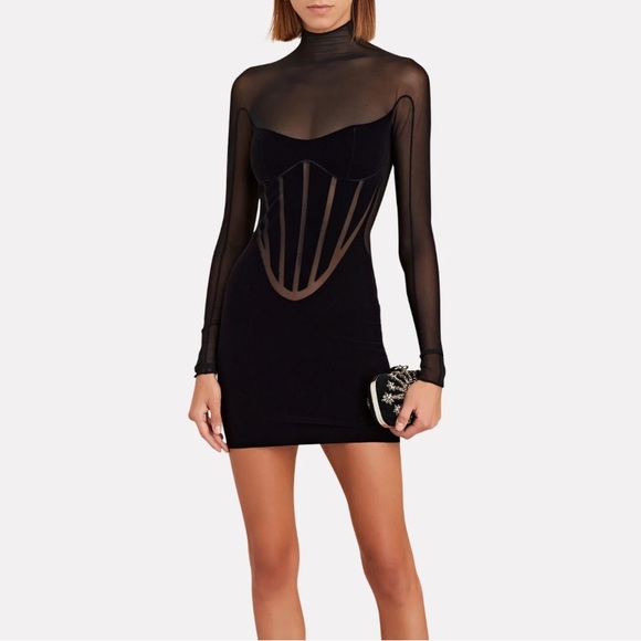 Mugler Dresses & Skirts - MUGLER X WOLFORD Semi Sheer Corset Paneled Black Mini Dress NWT Flocked